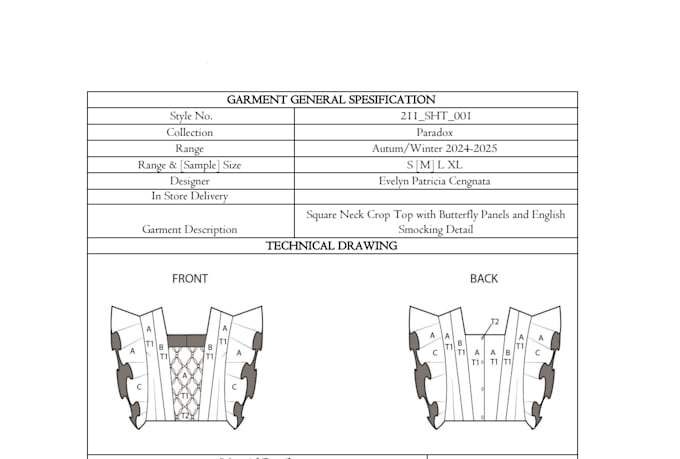 create professional garment spesification and detailed tech pack for production